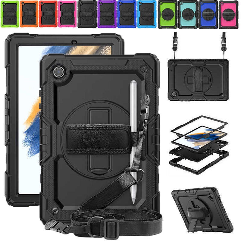 Ốp Máy Tính Bảng Silicon Chống Sốc Có Giá Đỡ Xoay 360 Độ + Dây Đeo Vai Cho Samsung Galaxy Tab A7 Lite 8.7 T220 T225 / Tab A 8.0 T290 T295