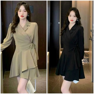 Váy đầm trung niên dự tiệc sang trọng cổ vest tay dài dáng xòe phong cách Hàn Quốc