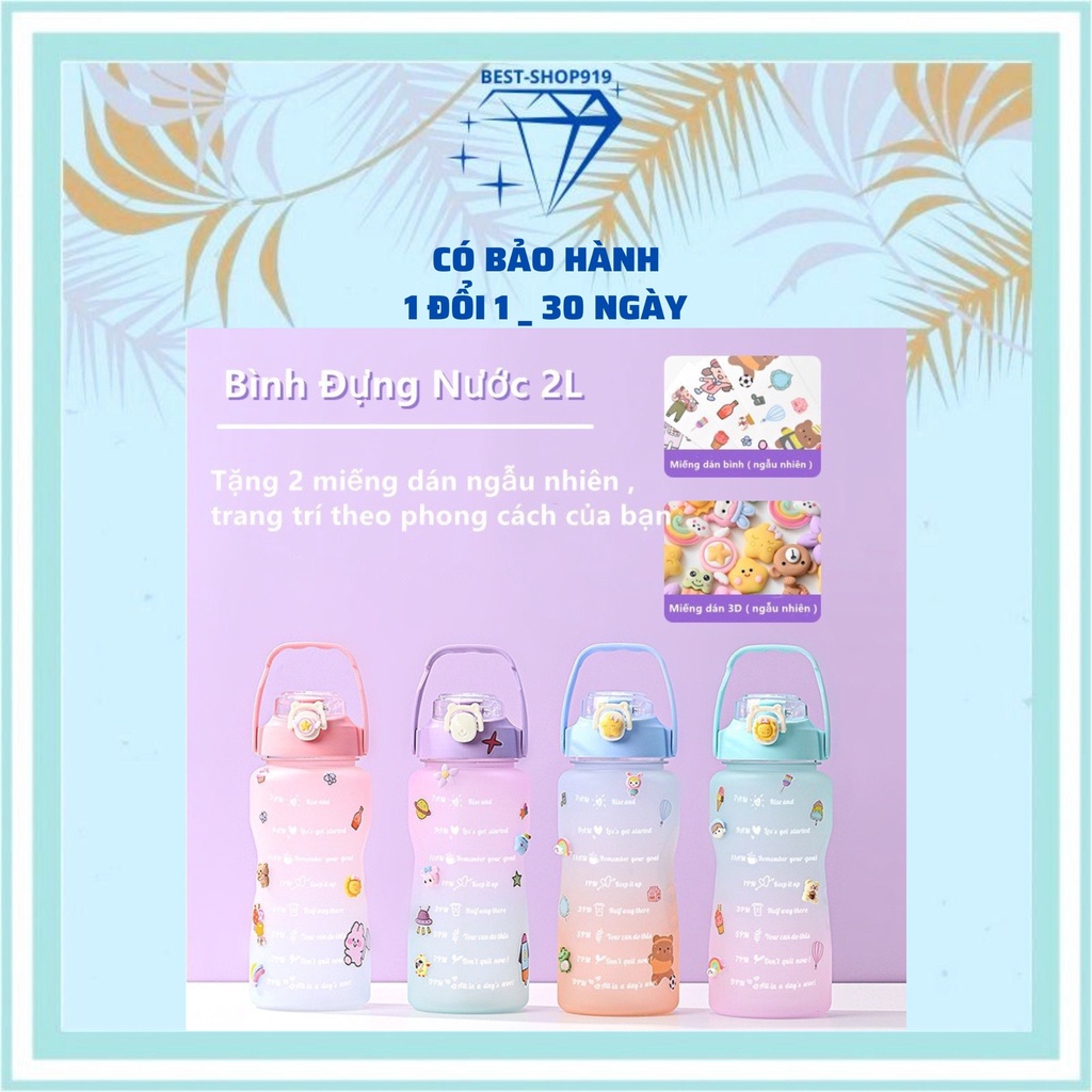 Bình Nước 2L Đựng Detox Có ống Hút và Vạch Báo Giờ uống Nước Sắc Màu 3D Siêu Đẹp Dễ Thương Quà NOEL