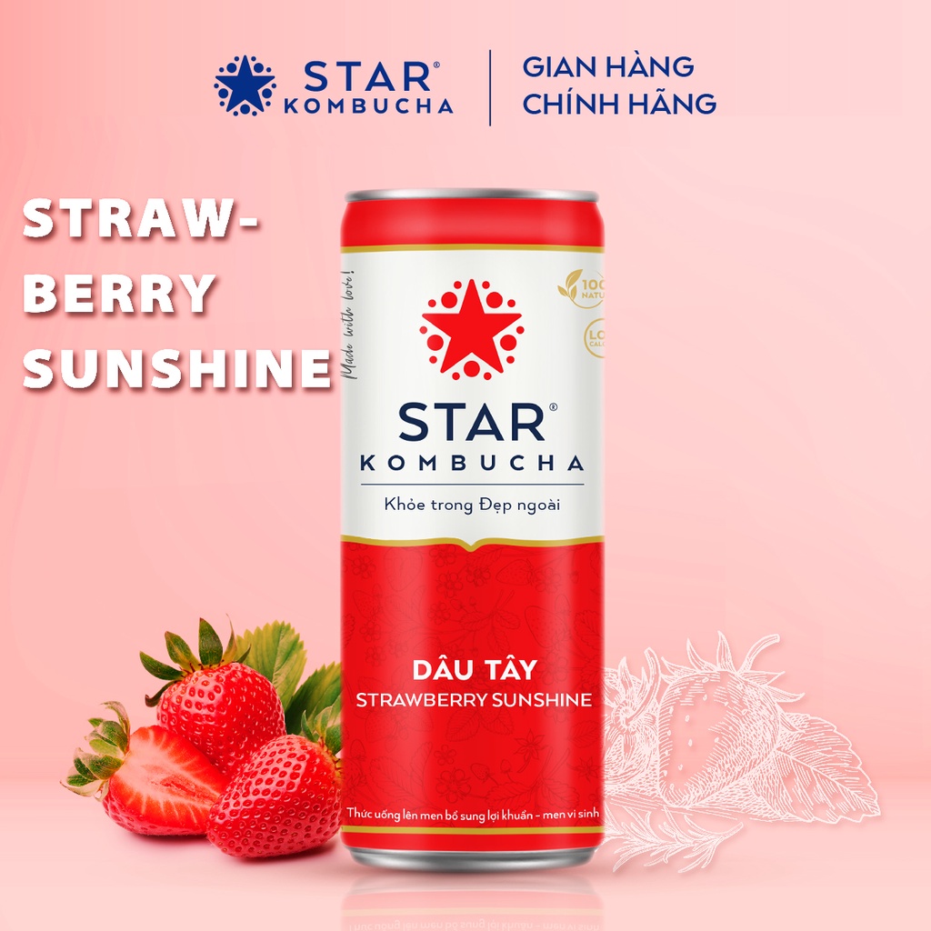 Thùng 12 lon trà STAR KOMBUCHA Dâu Tây / Strawberry Sunshine (250ml/lon) - Trà Kombucha lên men vi sinh chứa probiotics