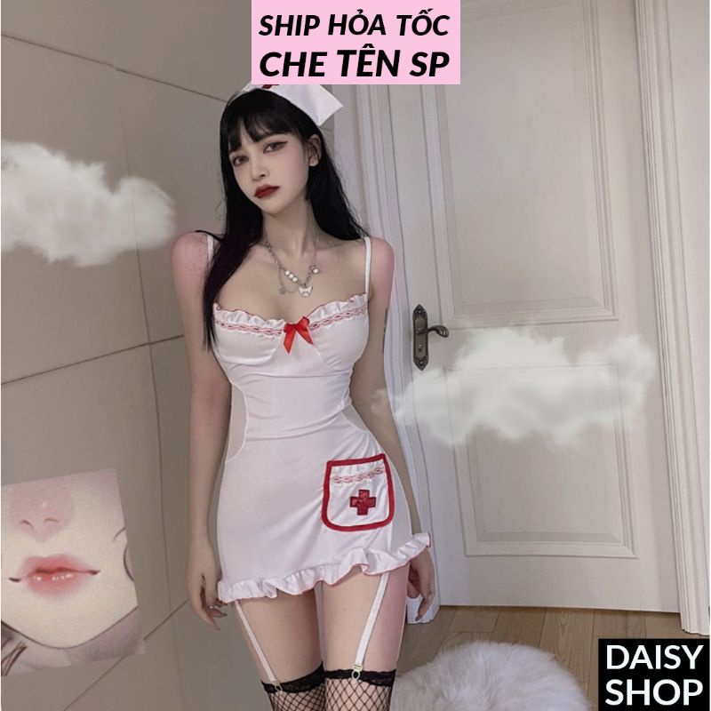 Cosplay nữ y tá hở eo sexy - váy đầm ngủ 2 dây hóa trang nàng bác sĩ kèm kẹp nịt tất