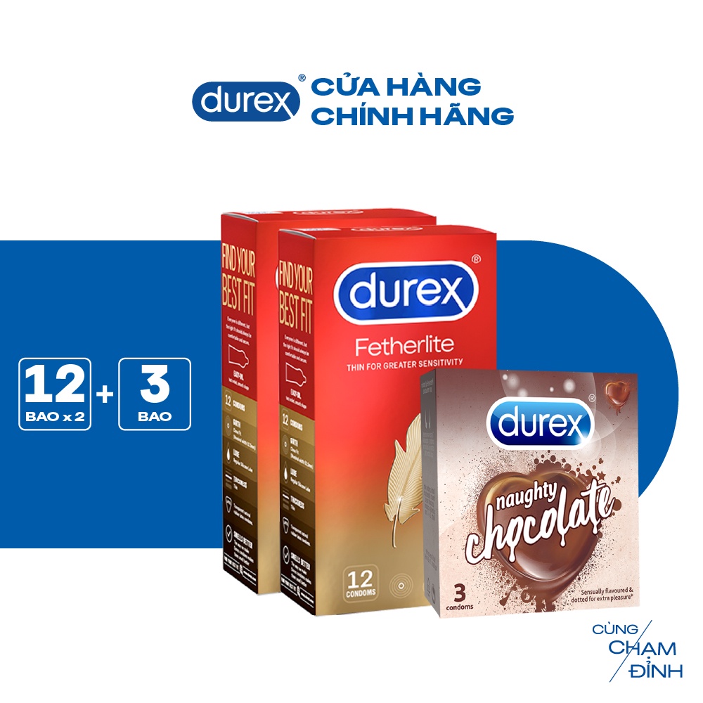 Bộ 2 hộp bao cao su Durex Fetherlite siêu mỏng (52.5 mm, 12 bao/hộp) và 1 hộp Durex Naughty Chocolate (52mm, 3 bao/hộp)