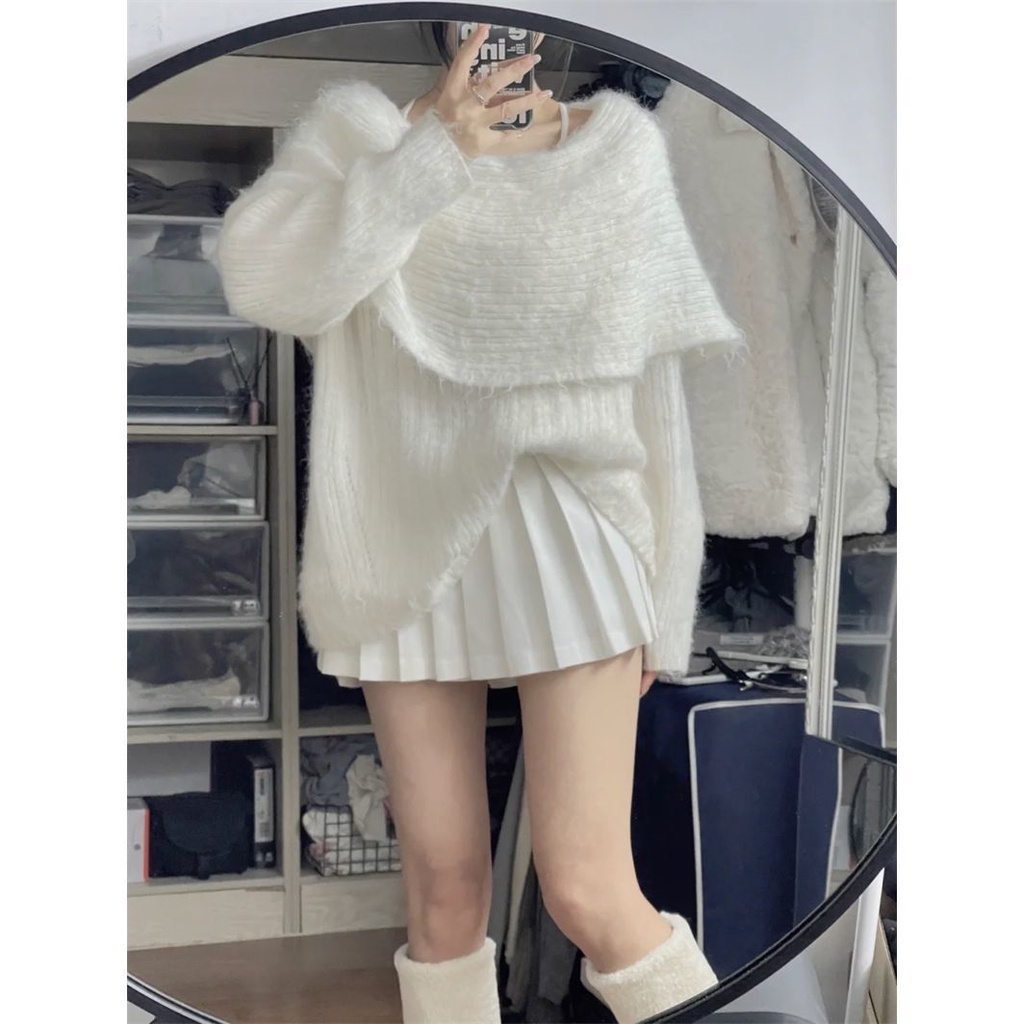 Áo len trễ vai, dáng xuông, mềm mại, không bai xù, thời trang mùa đông dành cho phái nữ