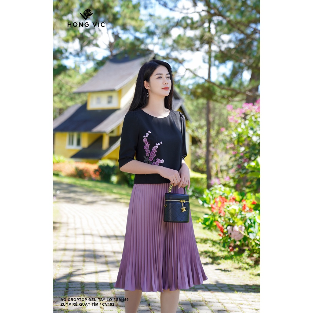 Áo croptop nữ thiết kế Hong Vic đen tay lỡ SM459