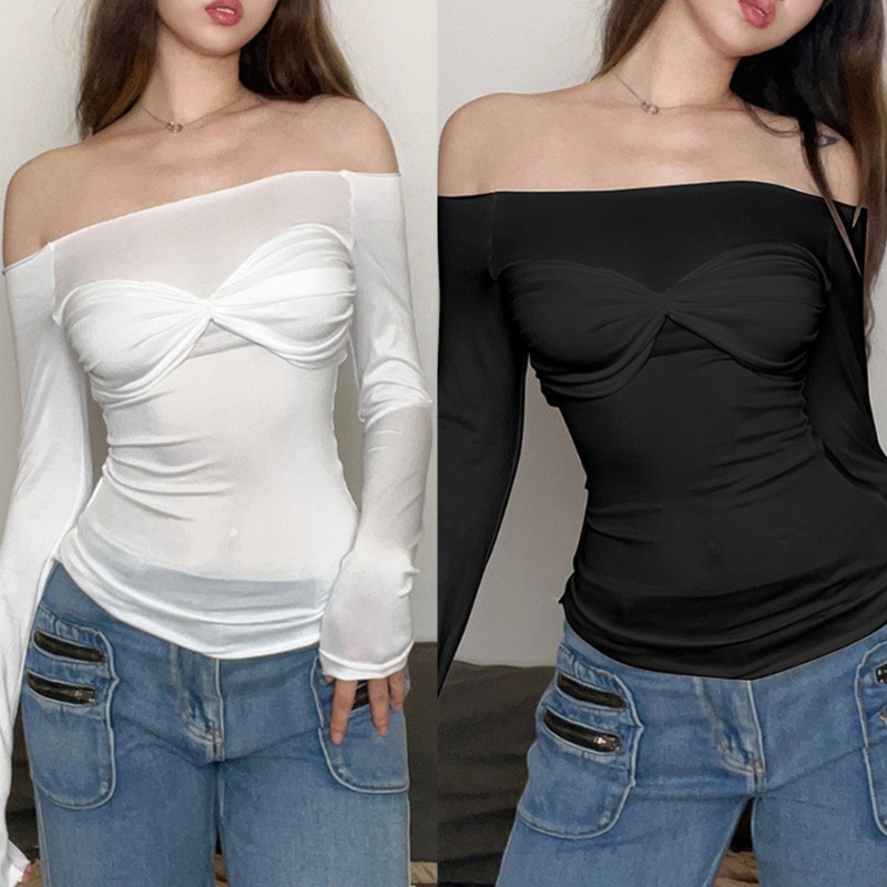 Áo Thun Croptop Tay Dài Trễ Vai Màu Sắc Đơn Giản Quyến Rũ Cho Nữ