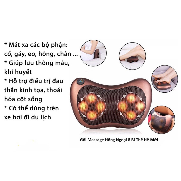 Gối Massage Cổ Vai Gáy Toàn Thân 8 bi Đảo Chiều Cao Cấp, Máy Massage Hồng Ngoại Chính Hãng - Bảo Hành 2 Năm