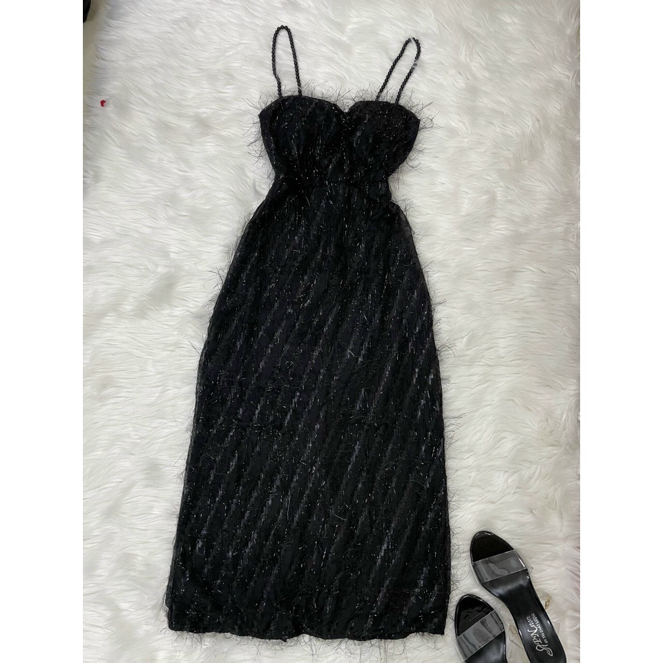 Đầm body hai dây lông vũ kết cườm có mút ngực hai màu đầm trắng đen quyến rũ sang trọng thời trang nữ VESTA