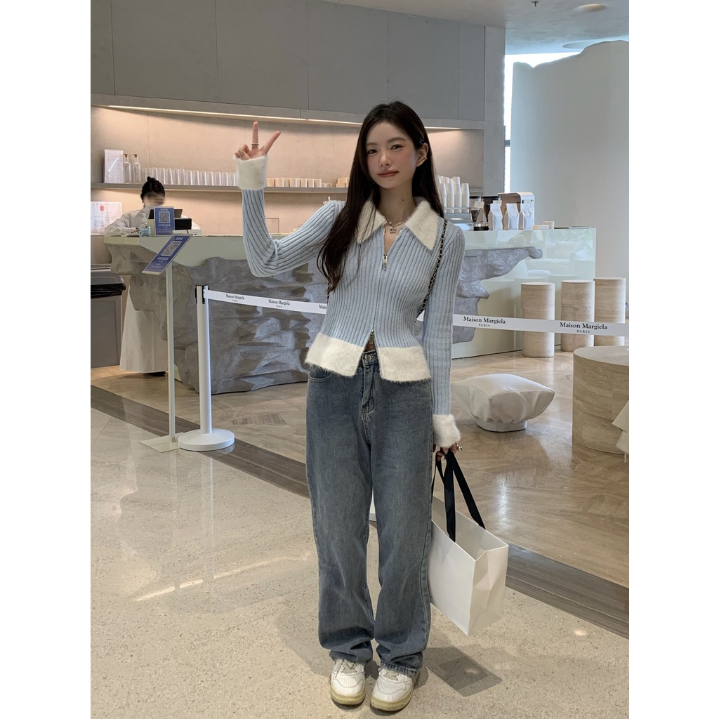Áo Khoác Cardigan Dệt Kim Hai Đầu Dáng Ôm Màu Xanh Dương Có Khóa Kéo Thời Trang Thu Đông Hàng Mới 2022