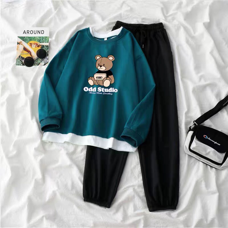Sét Bộ áo Hoodie Gấu Odd+quần bom chun, Áo nỉ Unisex from rộng, Chất nỉ ấm mặc không xù, thiết kế phong cách - MODY