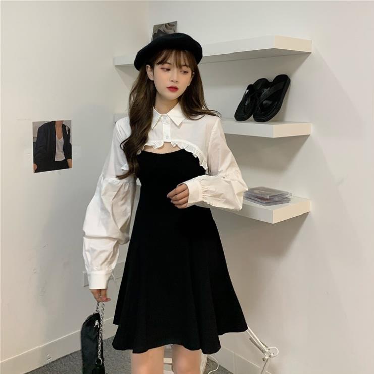 Set váy áo croptop áo sơ mi nữ bèo trắng dài tay mix váy 2 dây body đầm xòe công sở thời trang nữ