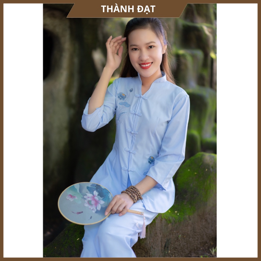 Đồ lam đi chùa Nữ, Bộ Đi Chùa Cổ Tàu Thêu Sen Vải Kate Loại 1 Mịn Đẹp Thoáng Mát,Mặc Cực Thoải Mái Đi Lễ Chùa_CTT3