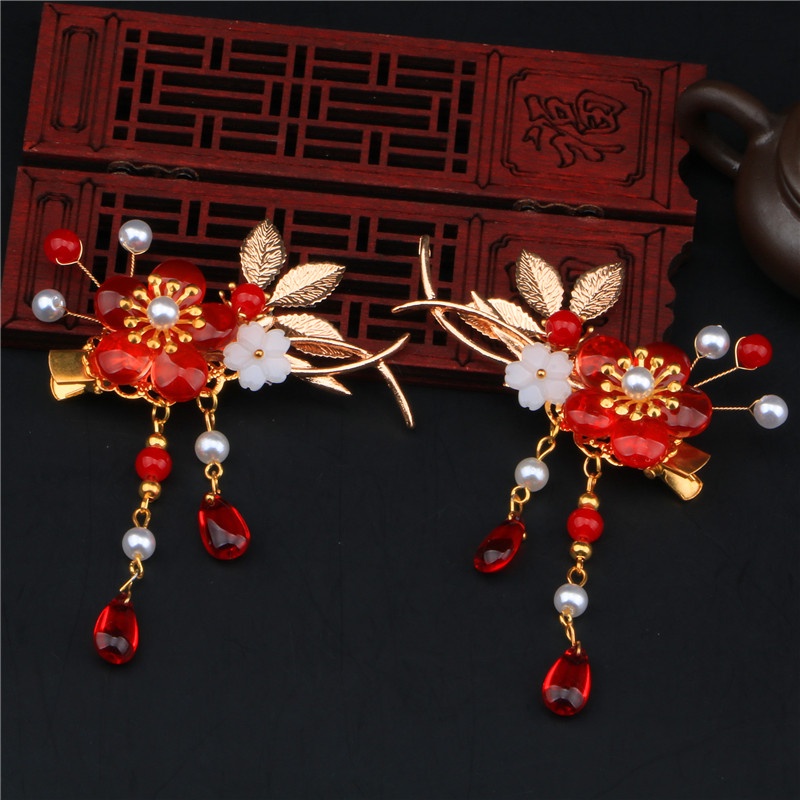 Kẹp tóc cổ trang tân nương phong cách màu đỏ