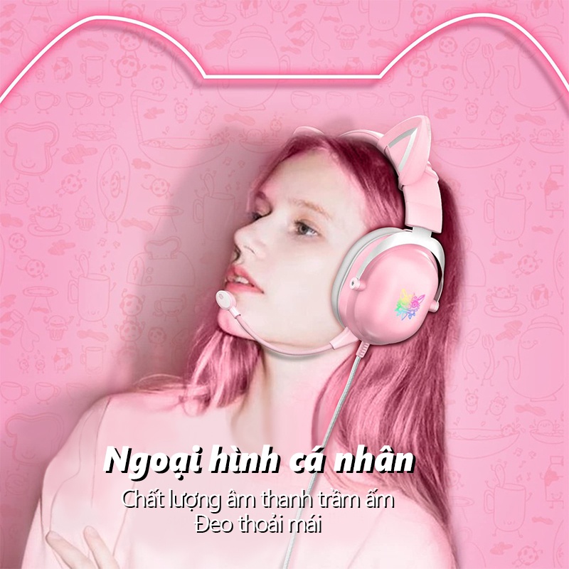 Tai nghe Chụp tai Chơi game Tay Mèo Headphones Gaming Không dây ONIKUMA X11 Hồng Có mic, RGB, Cho PC, Laptop