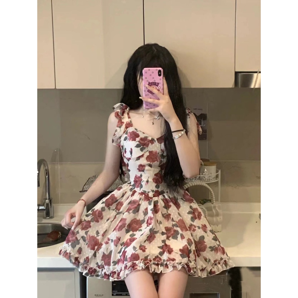 Đầm Hoa Hai Dây Cột Dây Eo Cao Mùa Hè Kiểu Dáng Retro Mới Cho Nữ