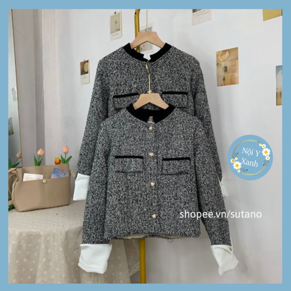 áo khoác dạ twee 2 lớp dáng croptop phối trắng tay cúc đồng vương quyền  A12 Nội Y Xanh hot trend thu đông ấm áp