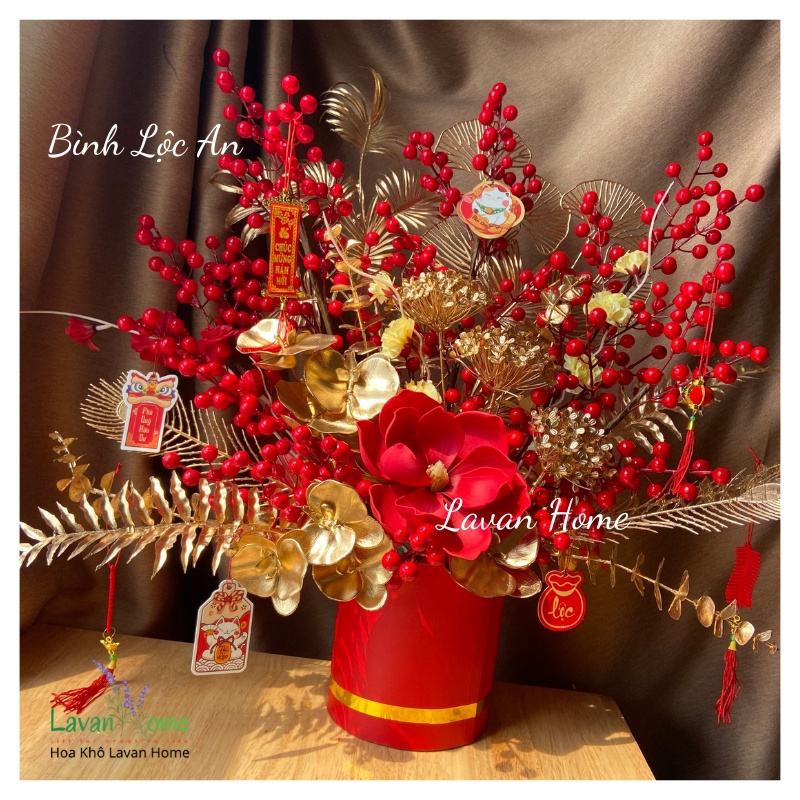 Bình hoa đào đông đỏ trang trí tết, quà tặng tết sang trọng, mang tài lộc cho năm mới, hoa để phòng khách, bàn tivi đẹp