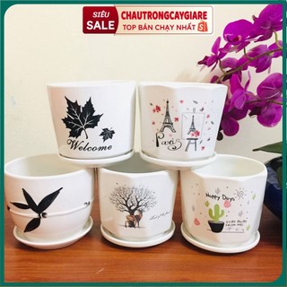 Chậu trồng cây Rộng 18cm, cao 17cm để bàn bằng gốm sứ Bát Tràng, họa tiết dễ thương, sứ men trắng tráng bóng,có đĩa lót