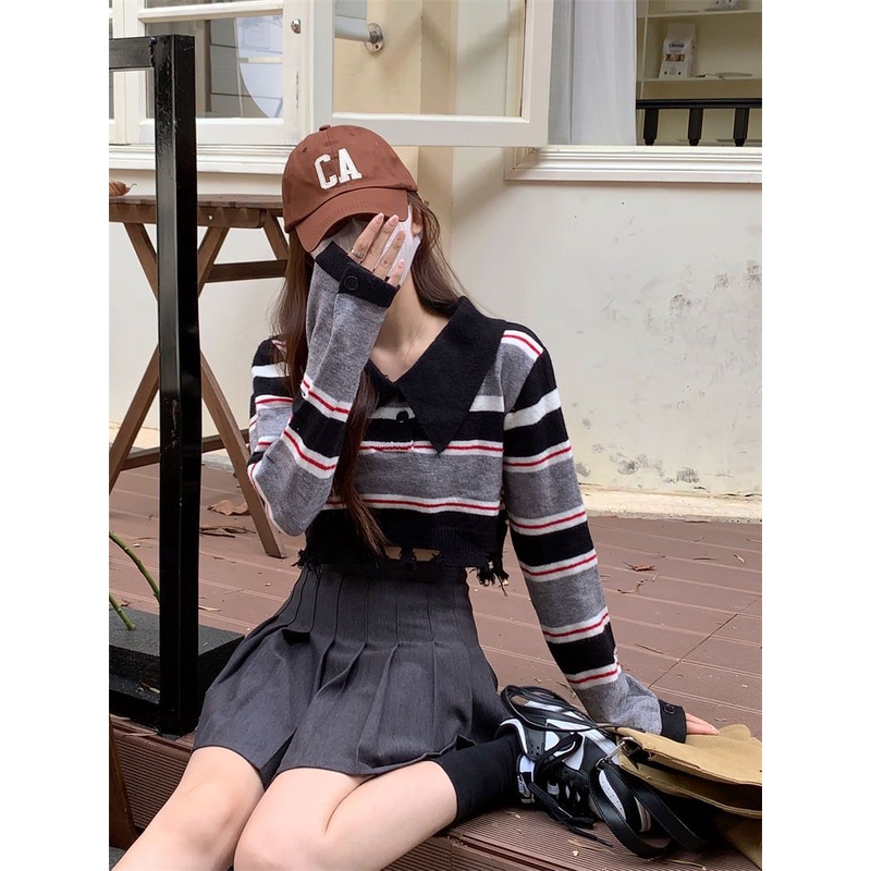 Áo Sweater Dệt Kim Tay Dài Dáng Rộng Cổ polo Kẻ Sọc Kiểu Retro Đường Phố Thời Trang Mùa Thu Cho Nữ