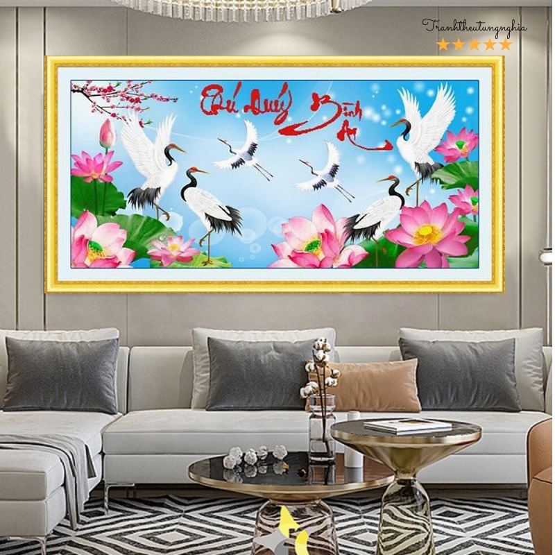 Tranh thêu chữ thập phú quý bình an 65cm x 34cm