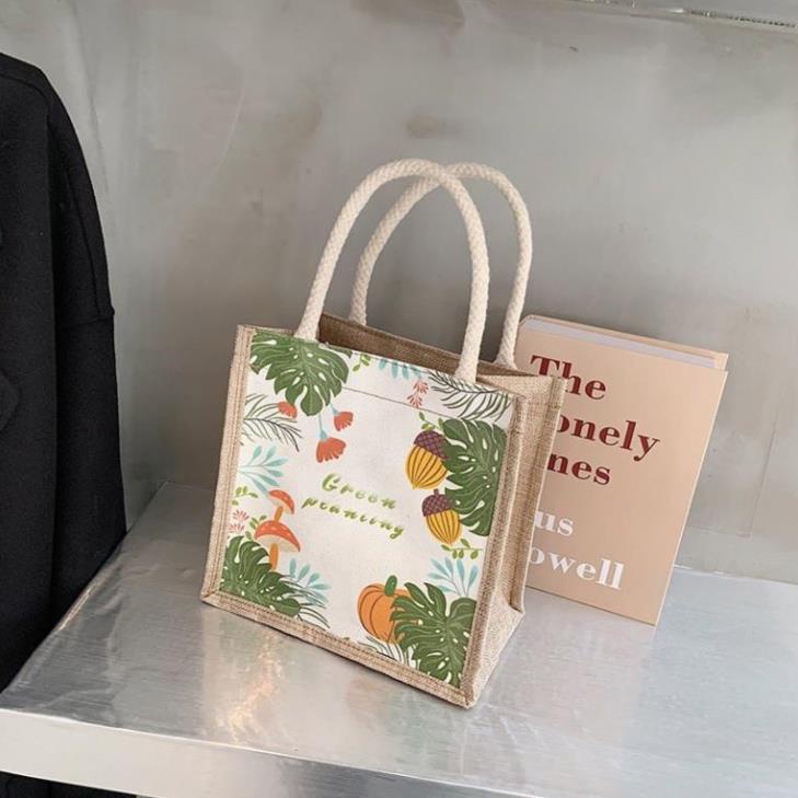 Túi Cói Phong Cách Vintage In Hình .Túi Vải Mini Thời Trang - Có Khóa Kéo