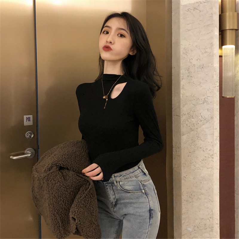 Áo thun SUXI dài tay ôm dáng màu trơn giữ ấm thời trang cho nữ