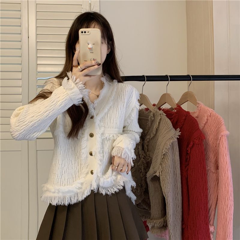 Áo Khoác Cardigan Dệt Kim Phối Tua Rua Thời Trang Thu Đông Phong Cách Retro Pháp