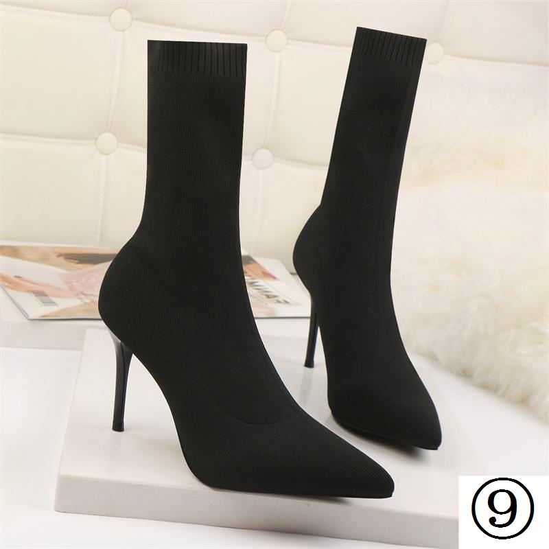 Giày Boot Cao Gót 7cm Mũi Nhọn Chất Liệu Len Co Giãn Thời Trang Thu Đông