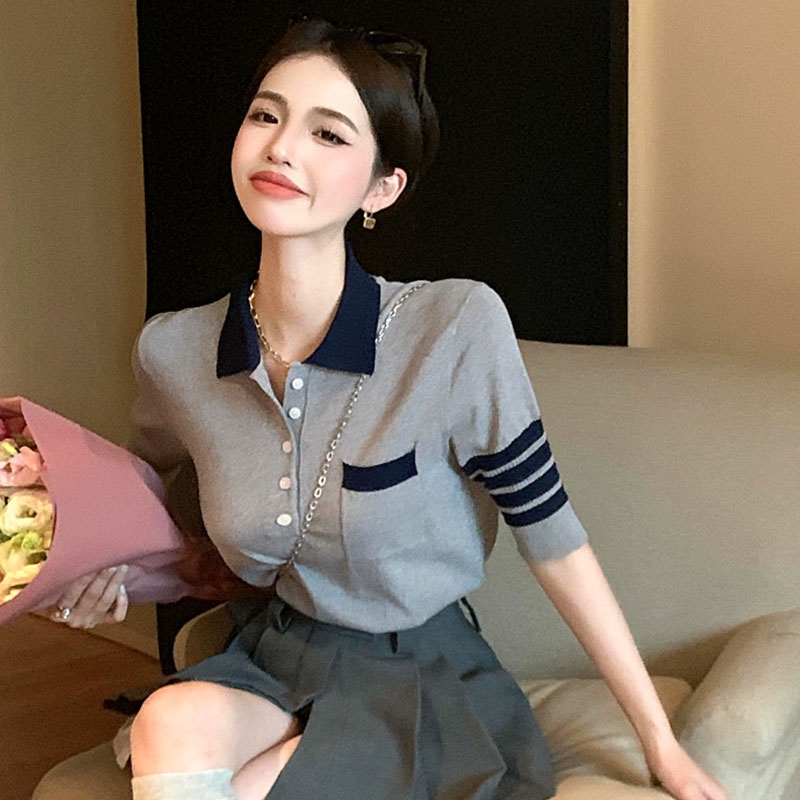 Áo Dệt Kim Tay Ngắn Cổ POLO Họa Tiết Kẻ Sọc Thời Trang Hàn Quốc Cho Nữ