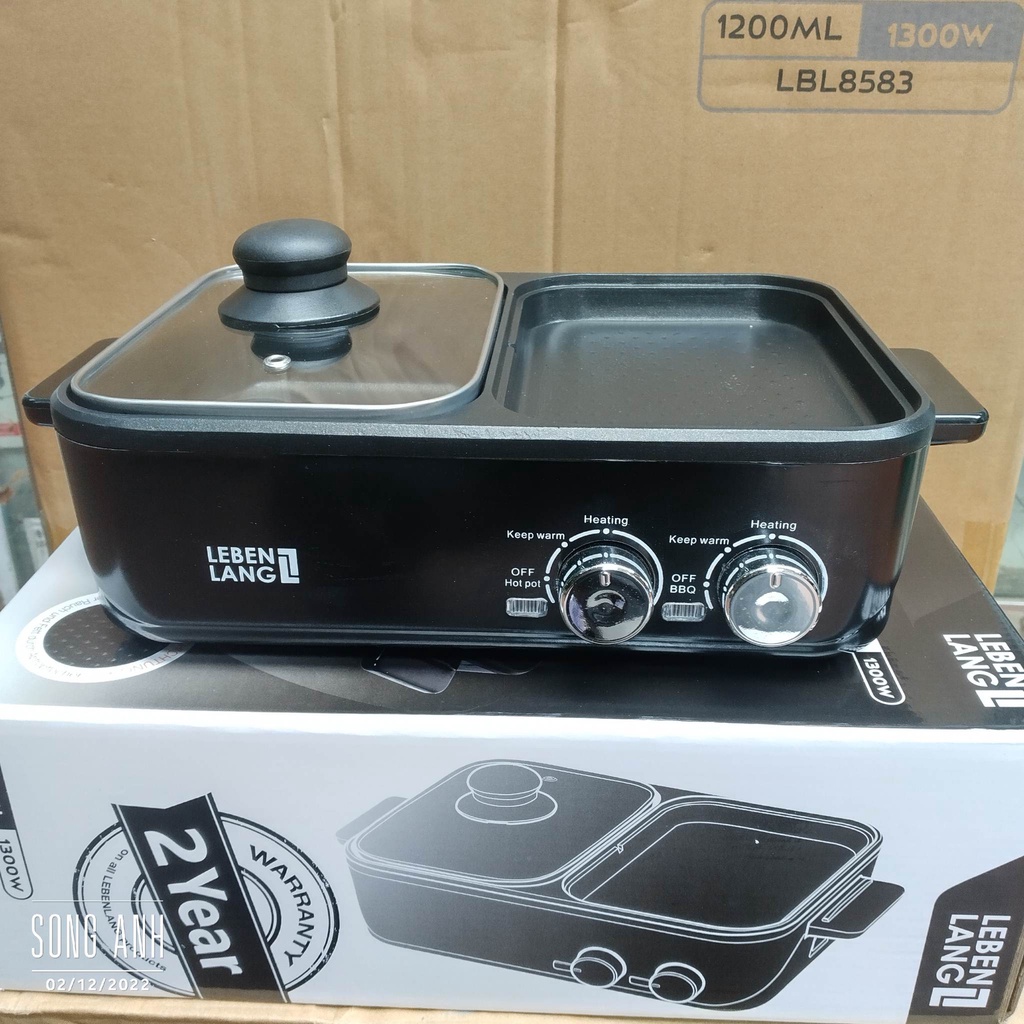 Lebenlang LBL8583 - Nồi lẩu nướng điện 2 trong 1 nhỏ xinh cực kì tiện lợi, bảo hành chính hãng 2 năm, sản xuất tại China