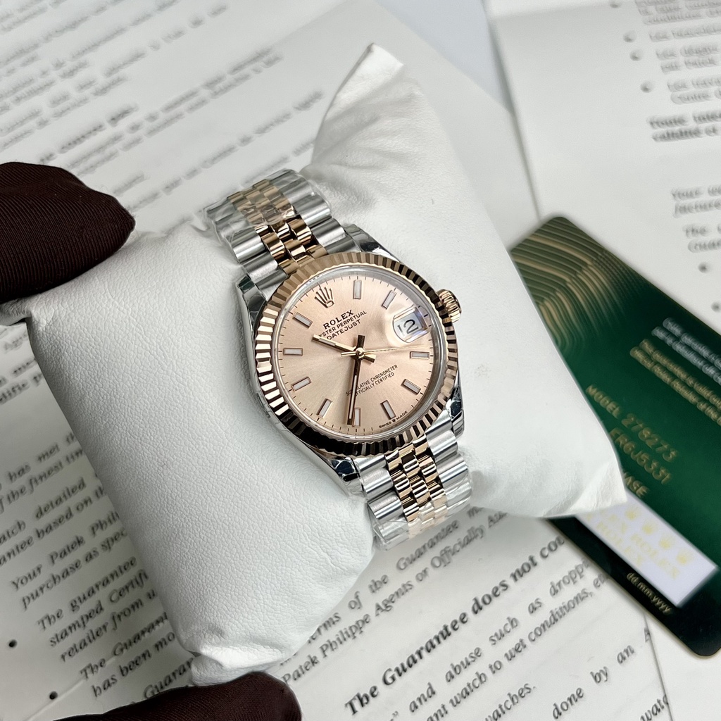 Đồng hồ nữ Rolex Date Just DemiGold 32mm máy ETA Calibre 3235 28800mph, viền + dây demi mạ vàng 18k
