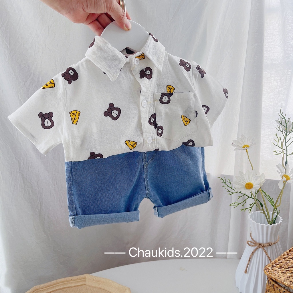 Bộ Sơ Mi Họa Tiết Gấu Siêu Đẹp Cho Bé Trai Ri 7 Phom Từ 8-18kg Mặc Đến Lớp, Đi Học, Đi Chơi Sảng Chảnh Công Tử Nhé