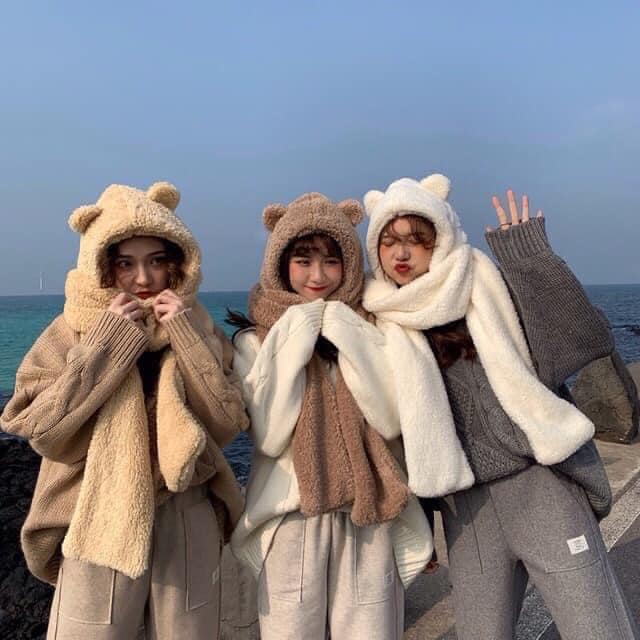 Mũ lông cừu tai gấu kèm khăn quàng cổ bao tay 3 trong 1 ấm áp