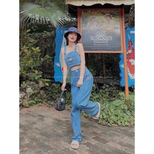 SET ÁO CROPTOP JEAN HAI DÂY + QUẦN SUÔNG