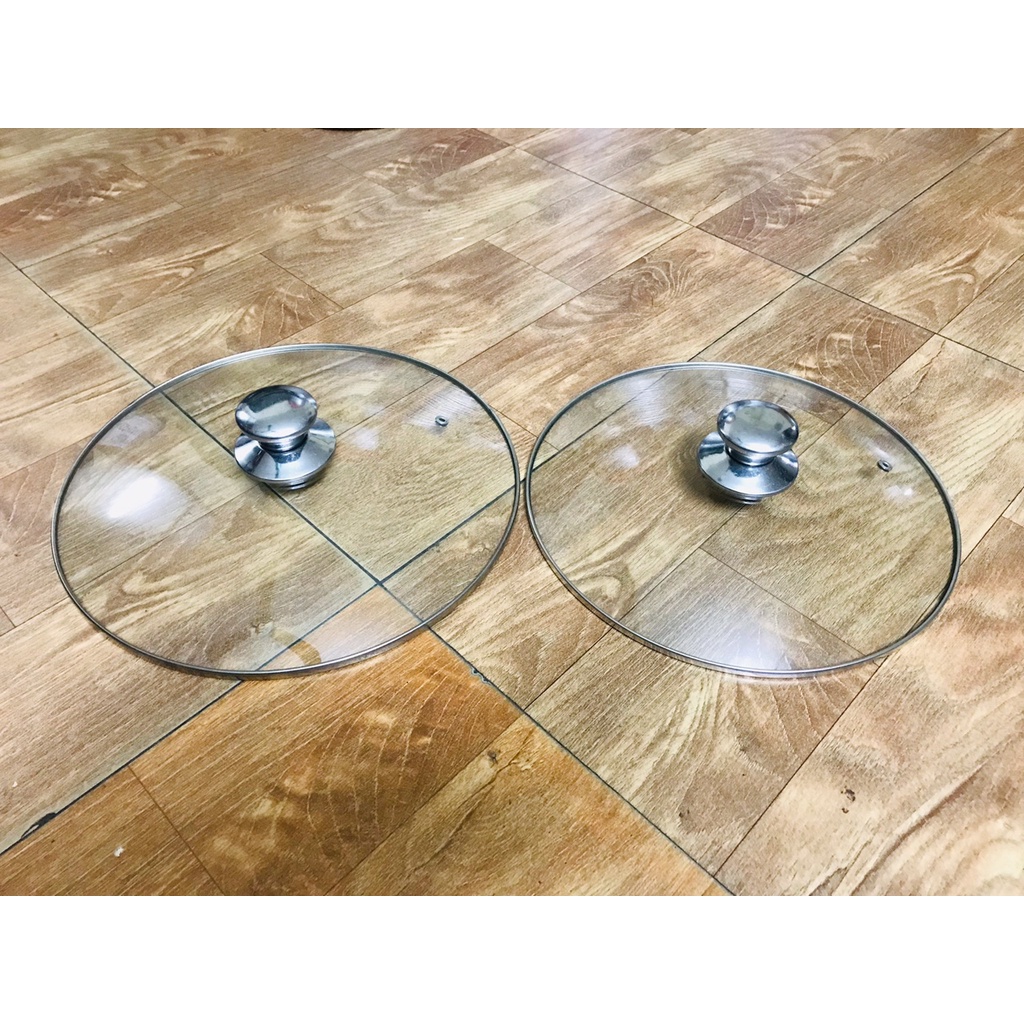 Nắp vung nồi, chảo kính cường lực dày 4mm viền inox,  núm inox các size 14cm, 16cm, đến 32cm