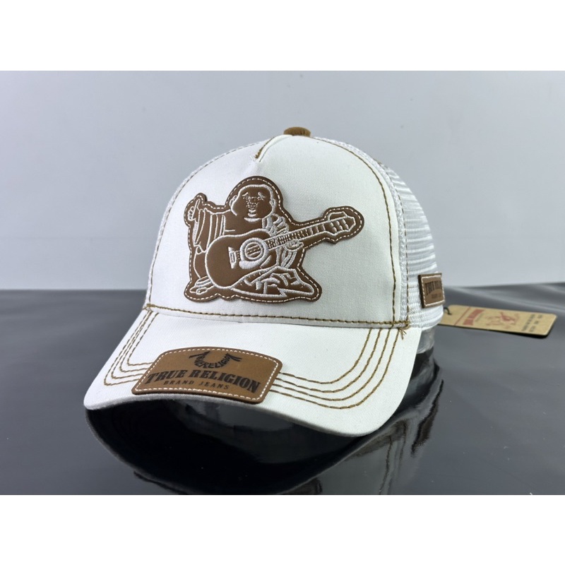 Nón kết lưỡi trai ông địa đàn - mũ kết phối da in nhiệt thêu địa nâu full tem