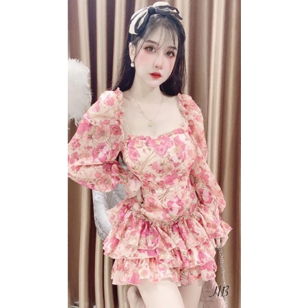 Đầm Voan Hoa Cúp Ngực Bèo Tay Ngắn Phồng Dáng Xoè Có Lót alohashop91