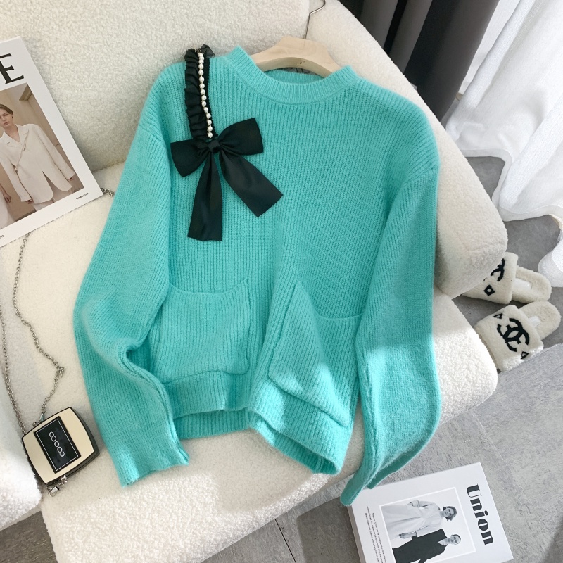 Áo sweater Dệt Kim Dáng Rộng Thắt Nơ Phong Cách Hàn Quốc Hàng Mới