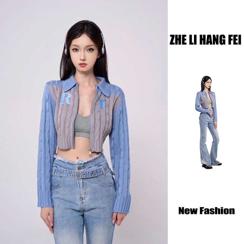 Áo khoác ZHELIHANGFEI tay dài cổ POLO có khóa kéo thời trang phong cách cho nữ