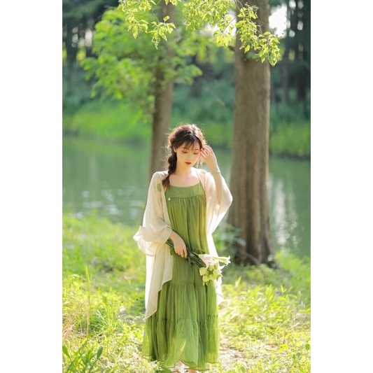 Set váy 2 dây xanh kèm áo khoác