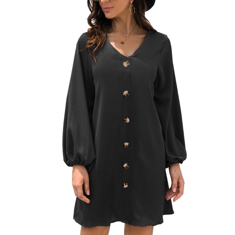 Đầm Midi Dáng Dài Rộng Cổ Chữ V Tay Phồng Màu Sắc Đơn Giản Thời Trang Mùa Thu Cho Nữ