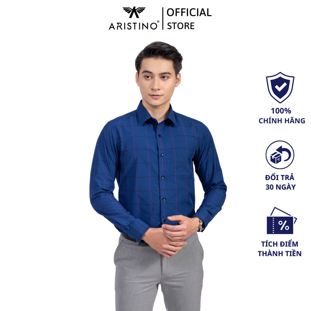 Áo sơ mi nam dài tay ARISTINO dáng ôm nhẹ Regular Fit, thiết kế tà lượn, có túi màu tím than họa tiết nổi bật - ALS31701