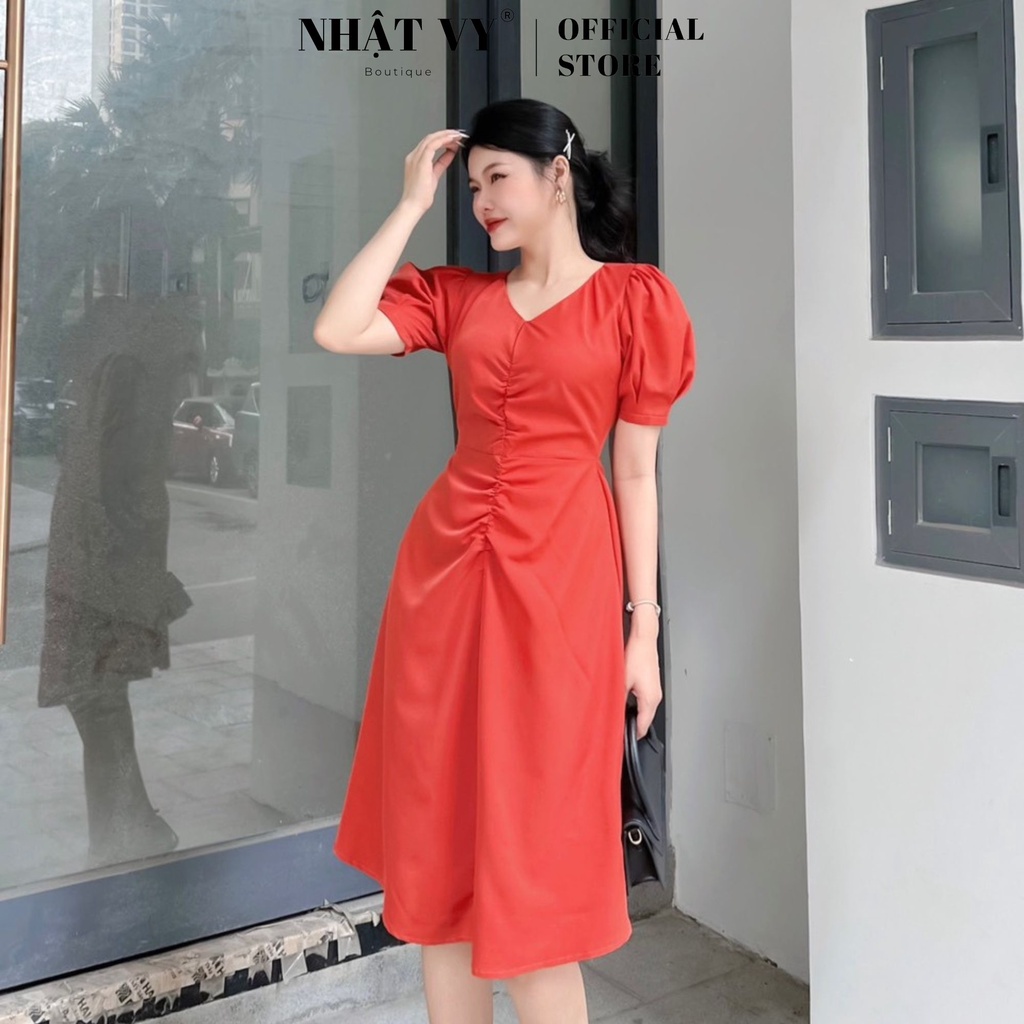 Đầm đi chơi Nhật Vy tay ngắn cổ v nhún ngực eo cách điệu chất cotton ý phù hợp công sở dạo phố - D2569