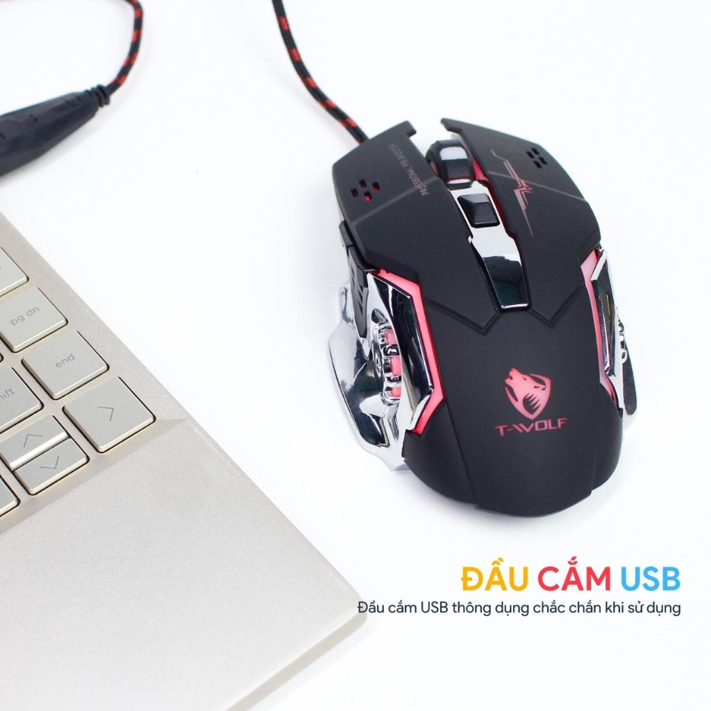 Chuột máy tính có dây, chuột gaming T-WOLF V6 chơi game cực nhạy có LED chuyển màu - GÀ LÓT CHUỘT