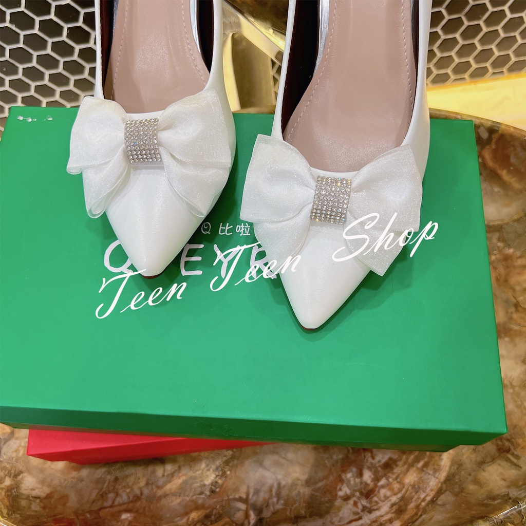 Giày cao gót TTS công sở cao 5cm bít mũi đính nơ, gót vuông lót êm ái