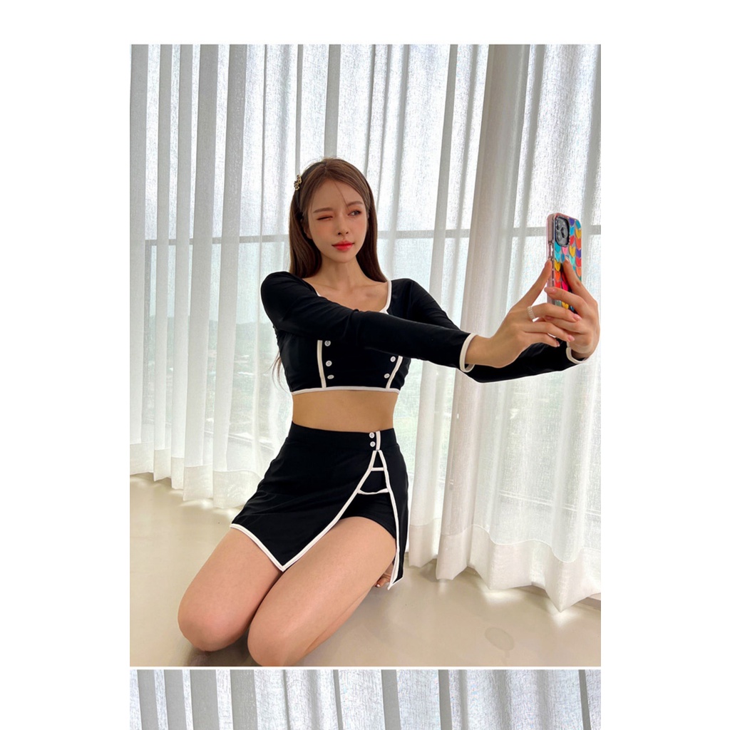 Mẫu mới 2023 Bikini 2 mảnh Hàn Quốc bộ đồ bơi dài váy, váy quần kín đáo đen viền trắng đính nút mới lạ hot hit