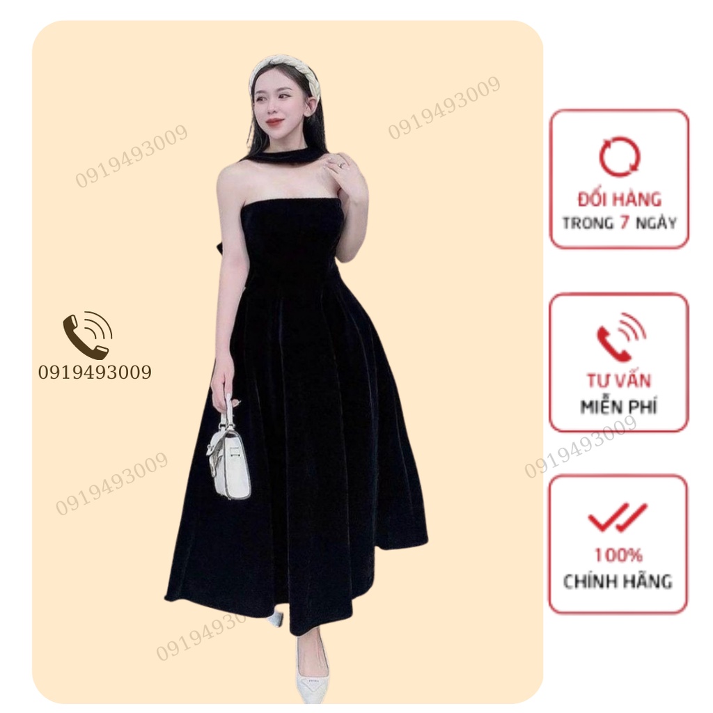 Đầm dự tiệc Đầm váy dáng xòe dây cổ nơ lưng màu đen vải nhung hở lưng đi chơi dạo phố event hàng cao cấp LIZ FASHION