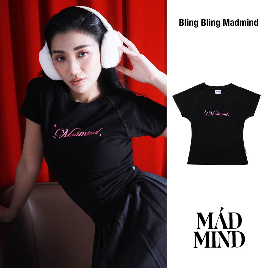 MADMIND® Chính Hãng - Áo Thun Nữ In Kim Tuyến, 100% Cotton Raglan Bling Bling Madmind Form Ôm Body Màu Đen - Tay Ngắn