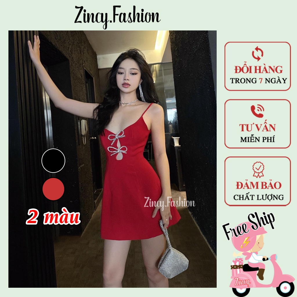 Đầm 2 dây nữ nơ bling khoét ngực sexy có mút, váy đi tiệc đi chơi dáng ngắn xòe sang trọng Zincy BLING001