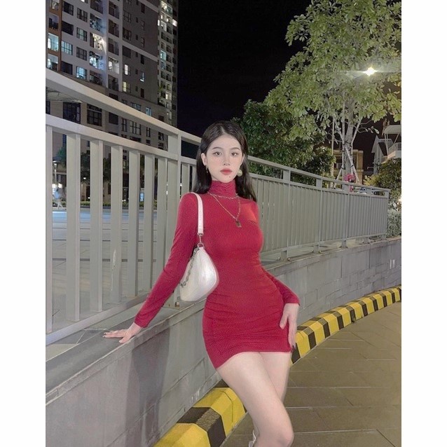 Đầm body cổ cao tay dài chất gân