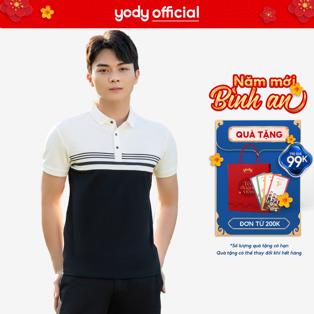 Áo polo YODY nam chất liệu pique mắt chim phối màu in vạch co giãn thoáng mát APM5071